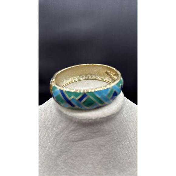 Original by Robert Vintage Blue Green Enamel Gold Tone Hinged Bangle Bracelet - Picture 1 of 1